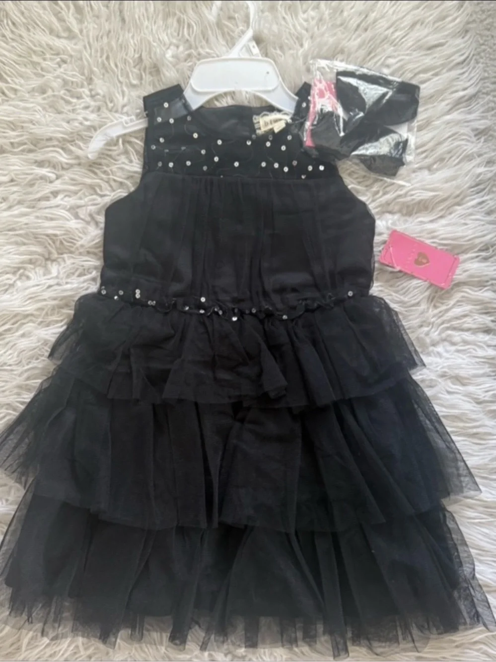 NWT Girl’s Black Tiered Tulle Dress with Bow Hair Clip